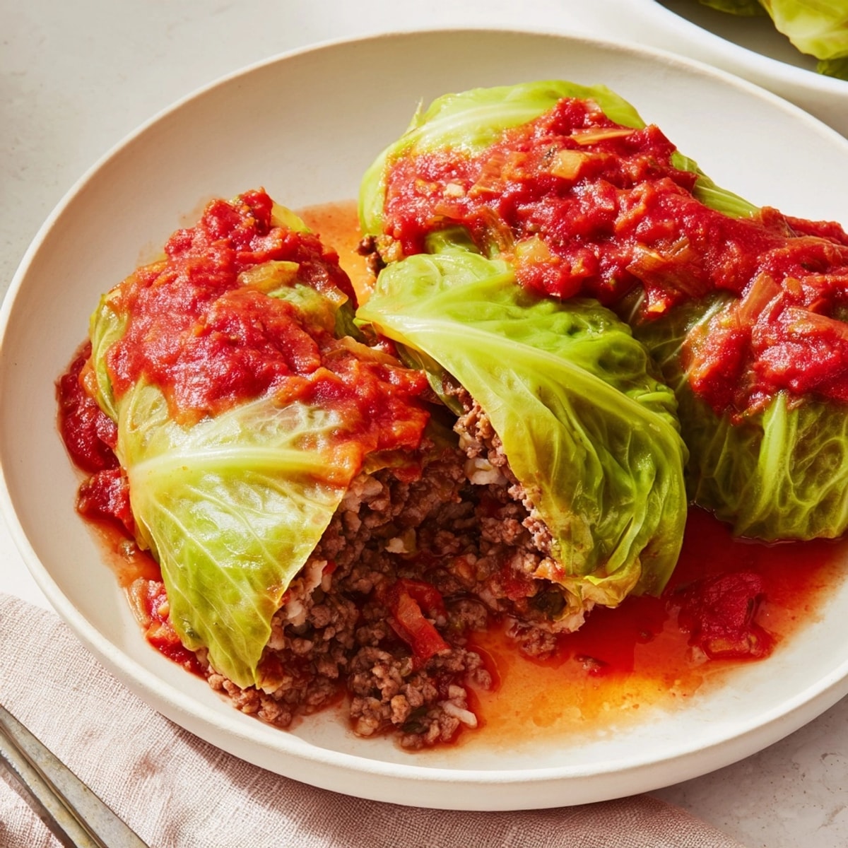 Close-up of simple Gołąbki: Polish cabbage rolls simmered in rich tomato sauce, ready to serve.