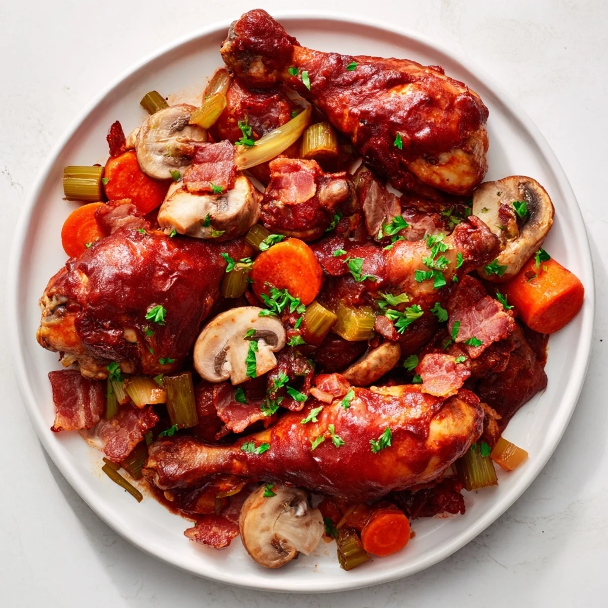 Golden-brown Budget Coq au Vin Style Chicken Drumsticks in a rich sauce, ready to serve with parsley.