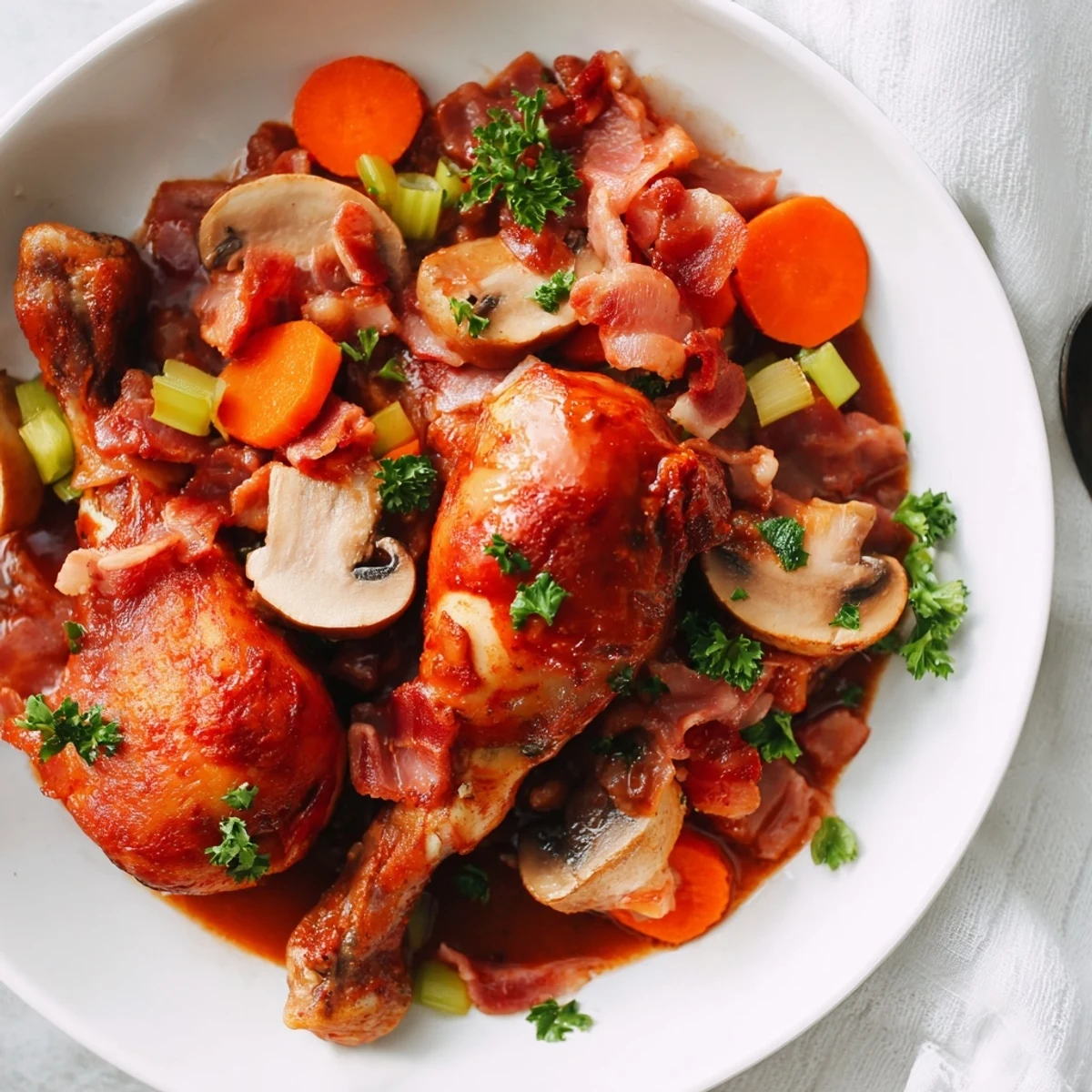A steaming Dutch oven full of Budget Coq au Vin Style Chicken Drumsticks, with tender carrots and mushrooms.