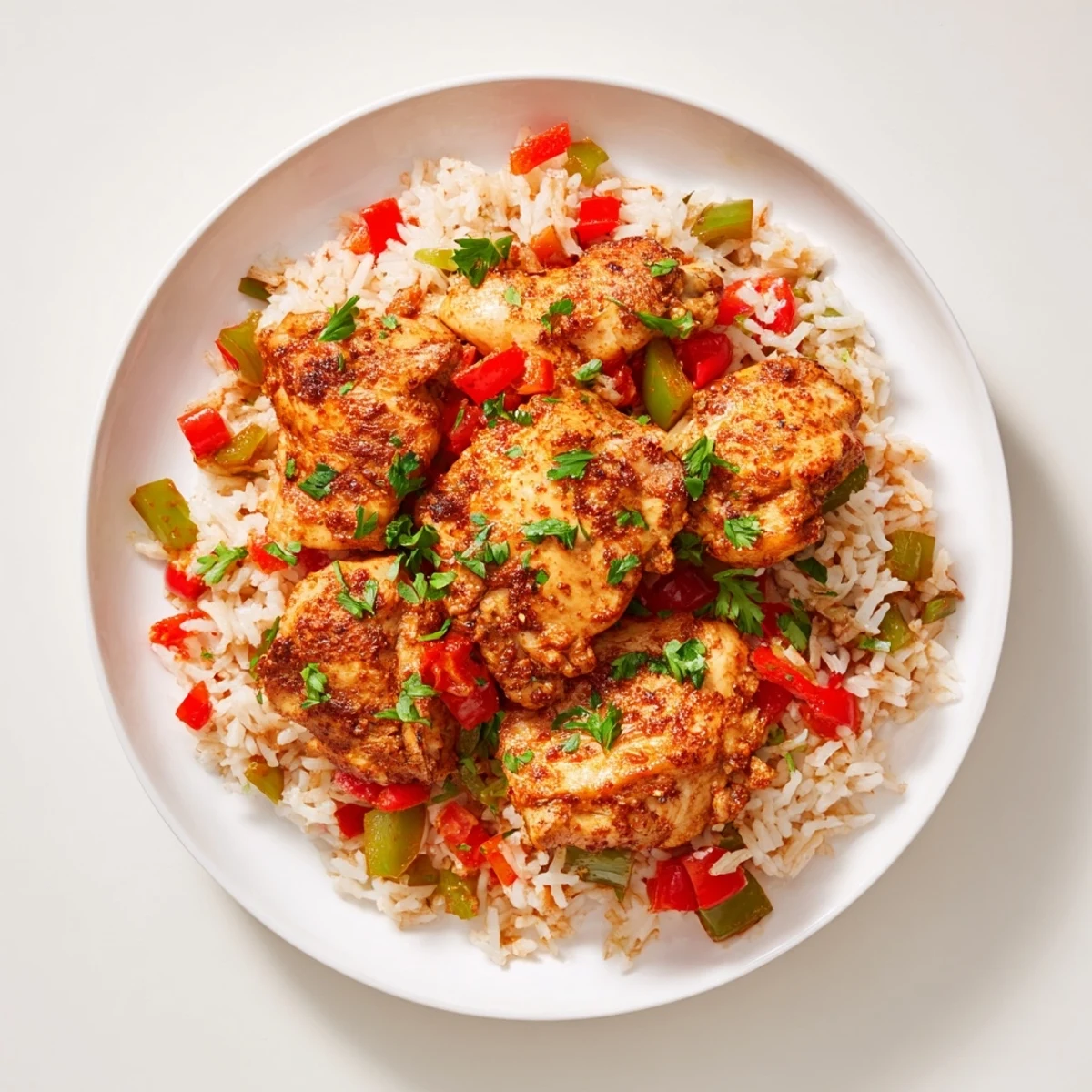 Fluffy rice beneath juicy chicken in a flavorful Smoked Paprika Chicken and Rice Casserole, ready to eat.