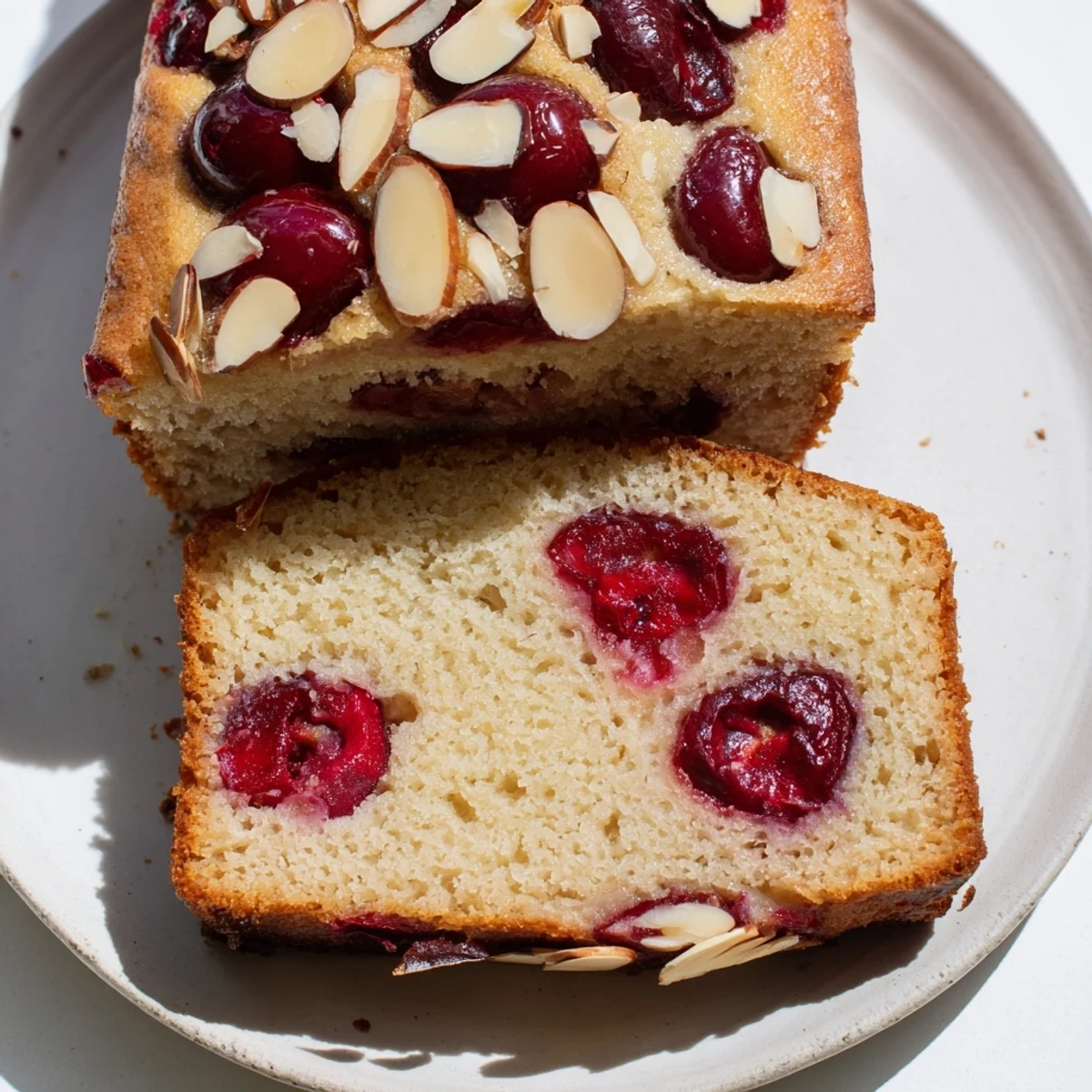 Moist slices of Cherry Almond Loaf Cake, perfect with a dollop of whipped cream on a plate.