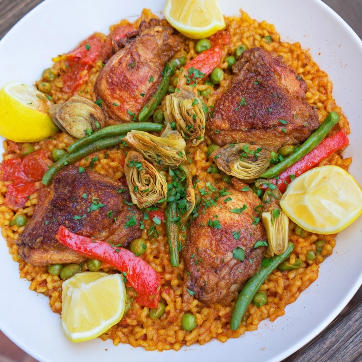 Golden-hued Authentic Paella showcases tender chicken with bright artichokes, steaming on a skillet.