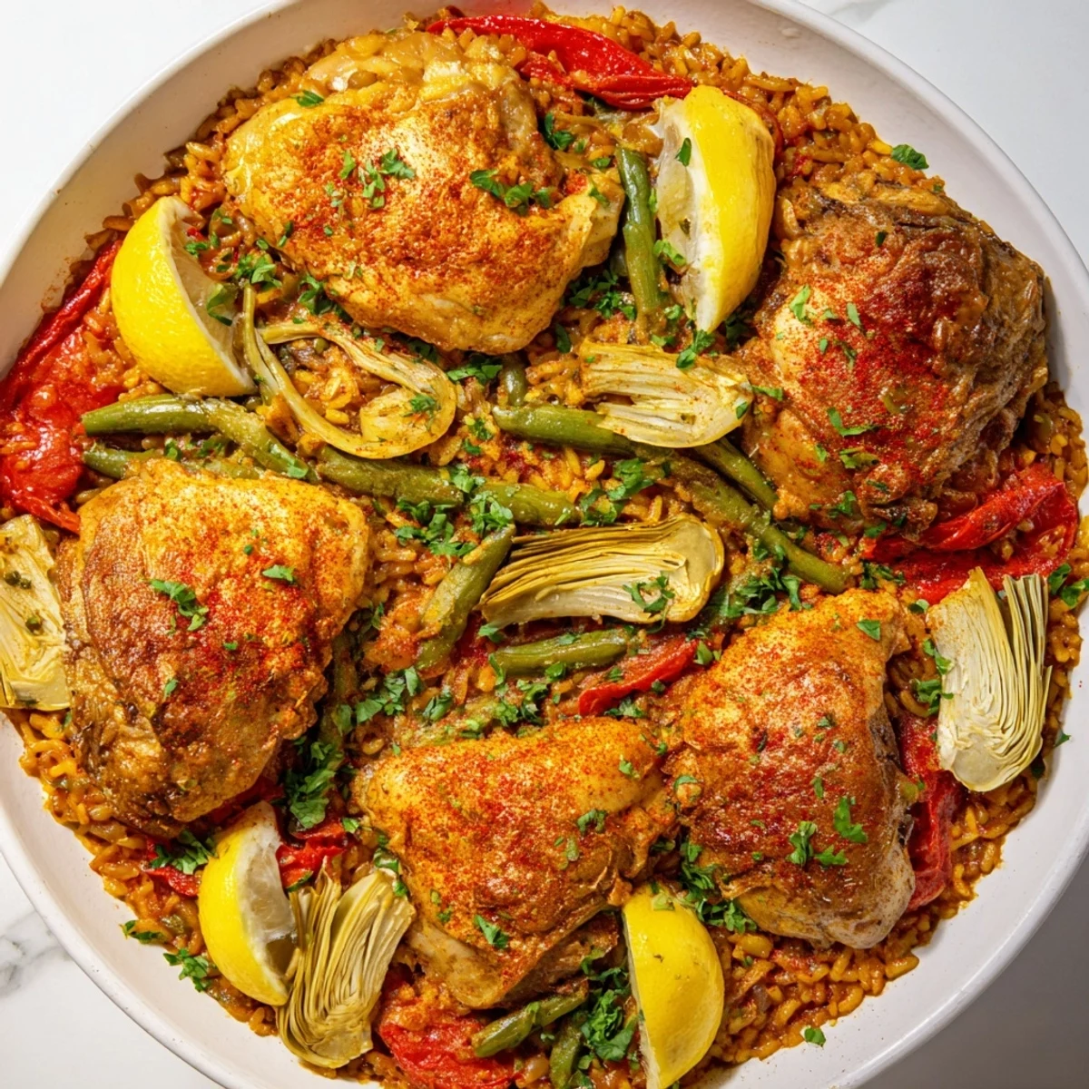 A flavorful aroma rises from this Authentic Paella; imagine the tender chicken and Spanish rice.