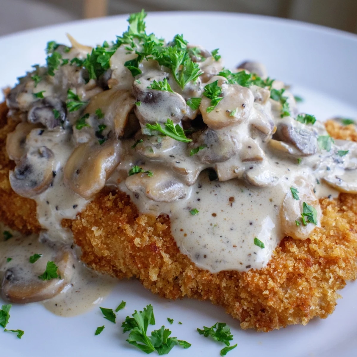 Imagine the savory, tender Jaeger Schnitzel slices smothered in delicious mushroom sauce in this picture.
