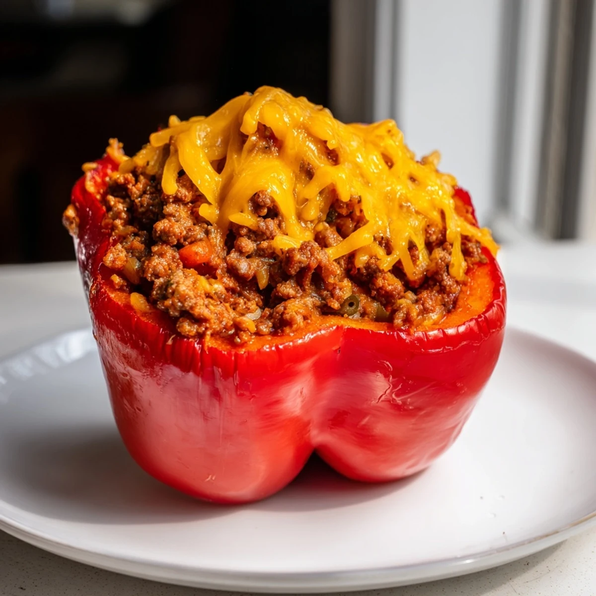 Delicious, overflowing Sloppy Joe Stuffed Bell Peppers topped with bubbling cheese, an American classic dinner.
