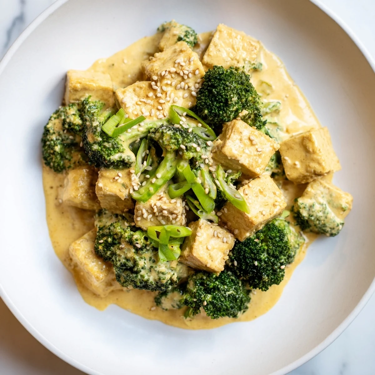 Golden, baked Cheesy Baked Tofu and Broccoli, coated in creamy sauce, garnished with sesame seeds.