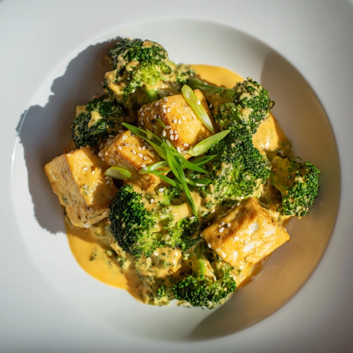 A close-up of a cheesy, creamy Cheesy Baked Tofu and Broccoli dish with vibrant green broccoli.