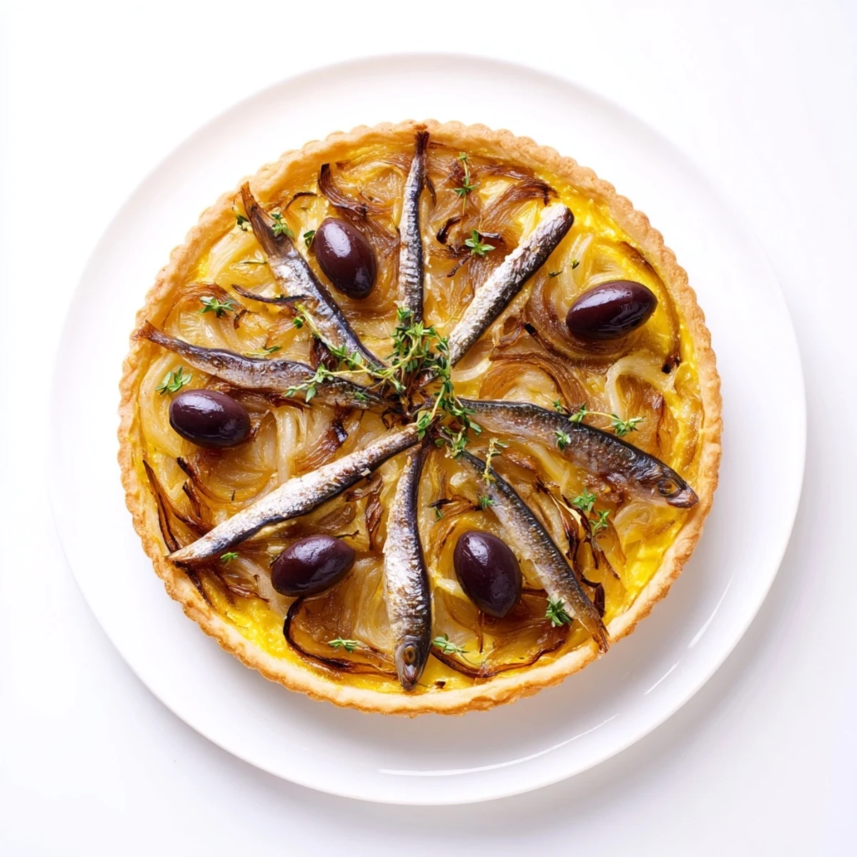 Crisp, golden-crusted Classic Onion Pissaladière Tart, topped with anchovies and olives, ready to serve this appetizer.