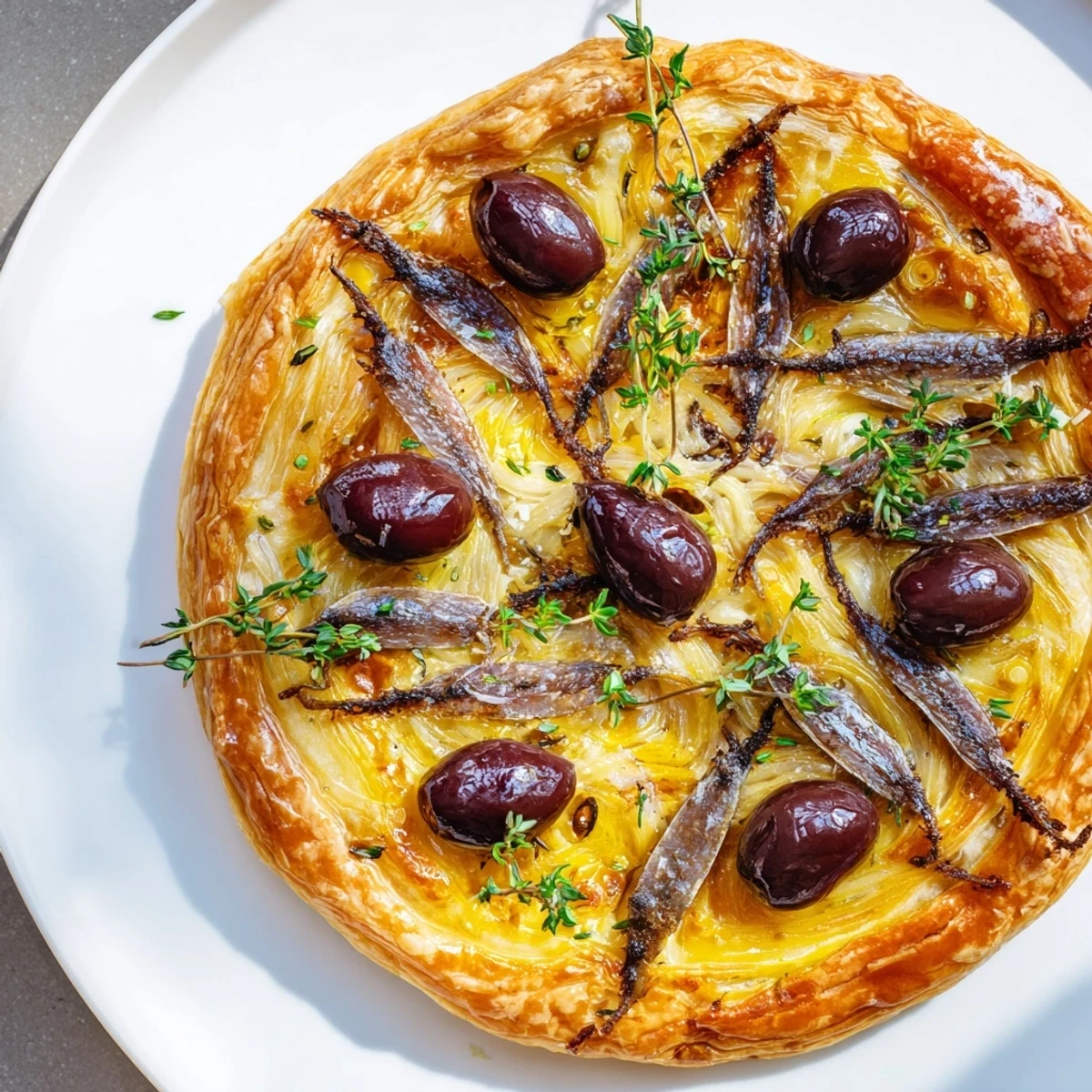 A close-up view of a baked Classic Onion Pissaladière Tart, showing the sweet onions and flaky crust.
