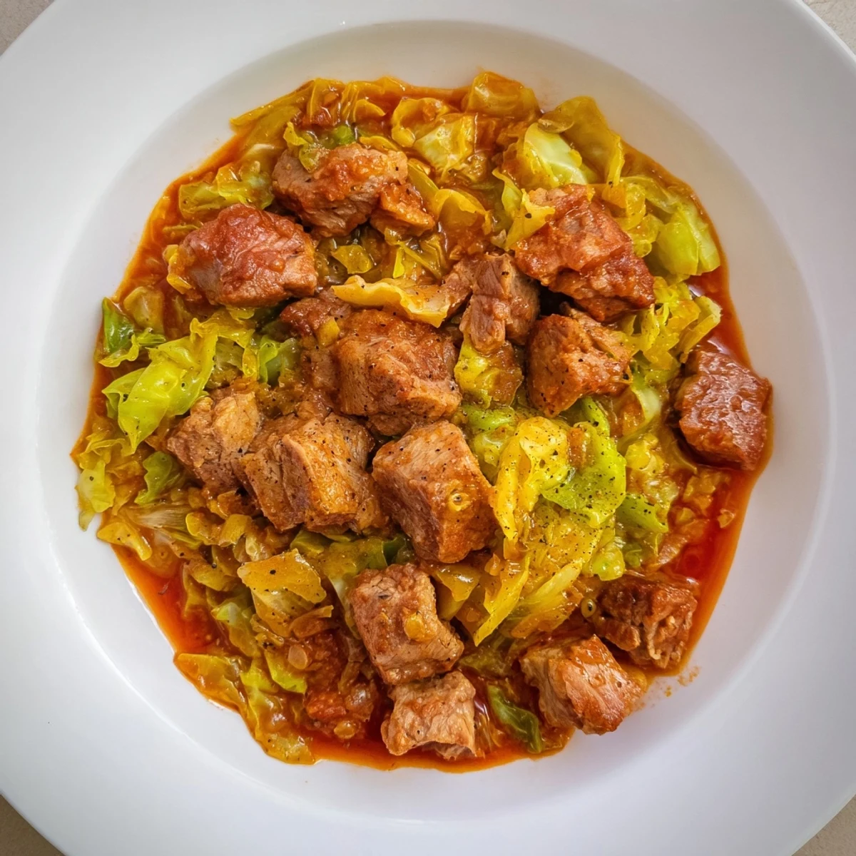 Tender pork and cabbage simmer in a flavorful Sweet Cabbage and Pork Stew, ready to warm you up.