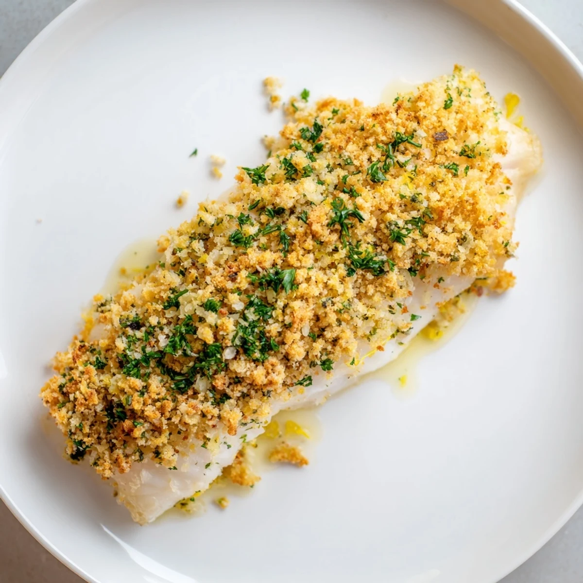 Golden, crispy Baked Cod with Ritz Cracker Topping, ready to serve with lemon wedges.