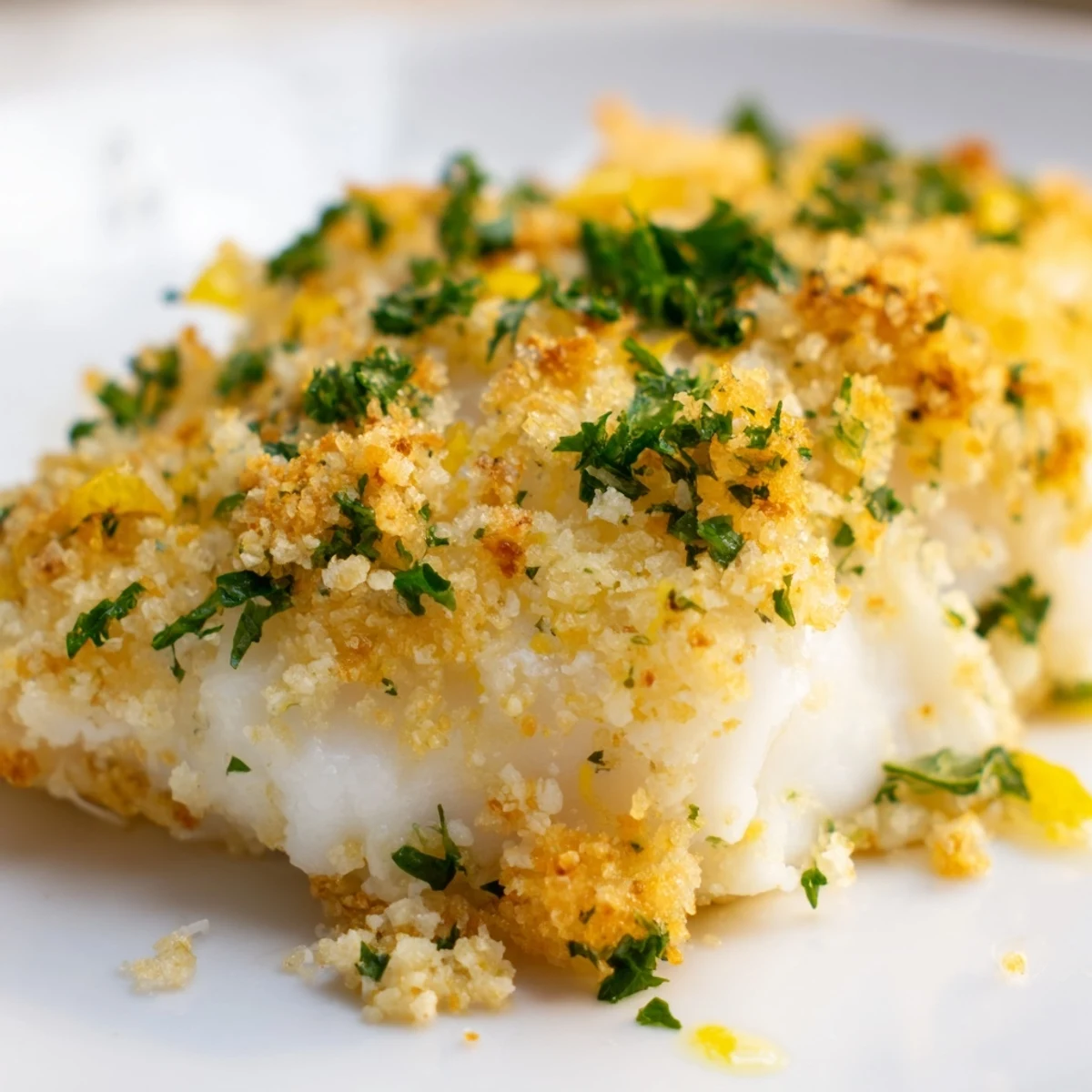 Mouthwatering image of baked cod fillets boasting a buttery Ritz cracker topping, freshly baked.