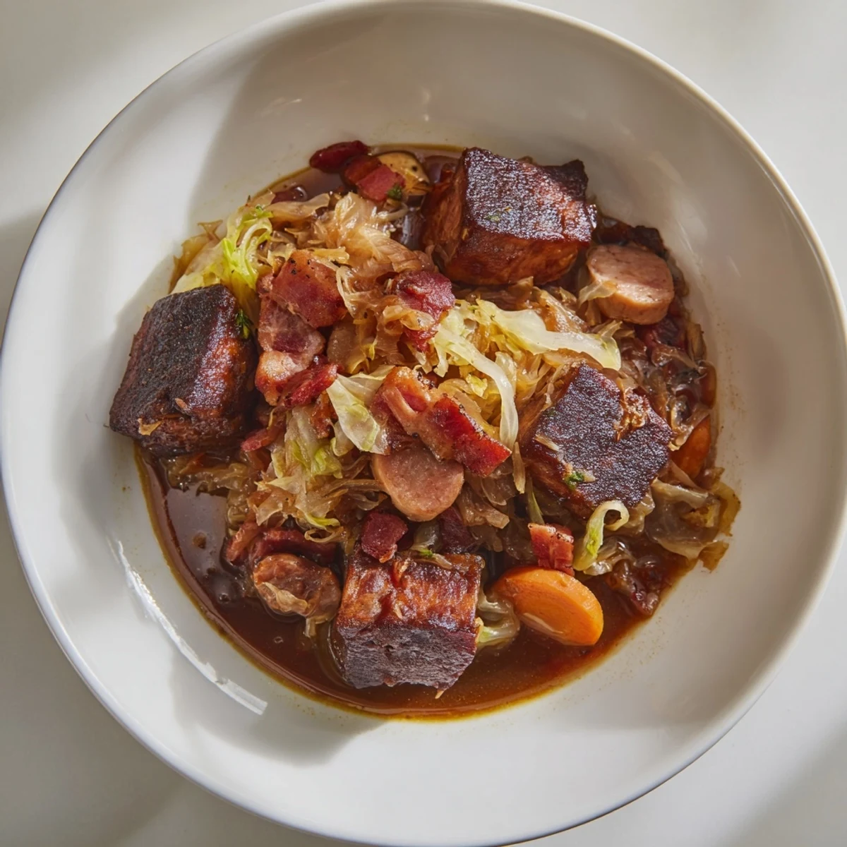 Close-up of bubbling Babcias Secret Bigos, a Polish stew seasoned with marjoram and caraway.