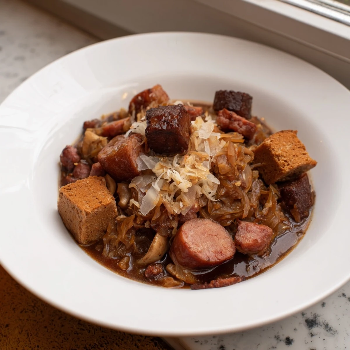 Hearty Babcias Secret Bigos, a rich, slow-cooked stew with tender meat and savory vegetables.