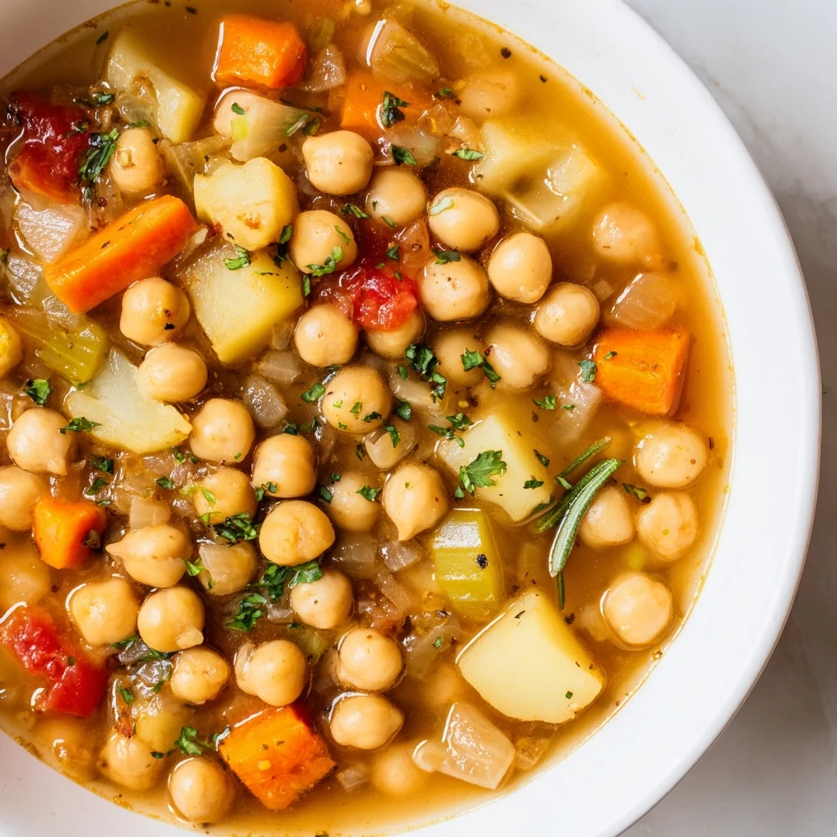 Steaming bowl of Quick-Soak Chickpea and Rosemary Soup, garnished with fresh parsley, ready to enjoy.