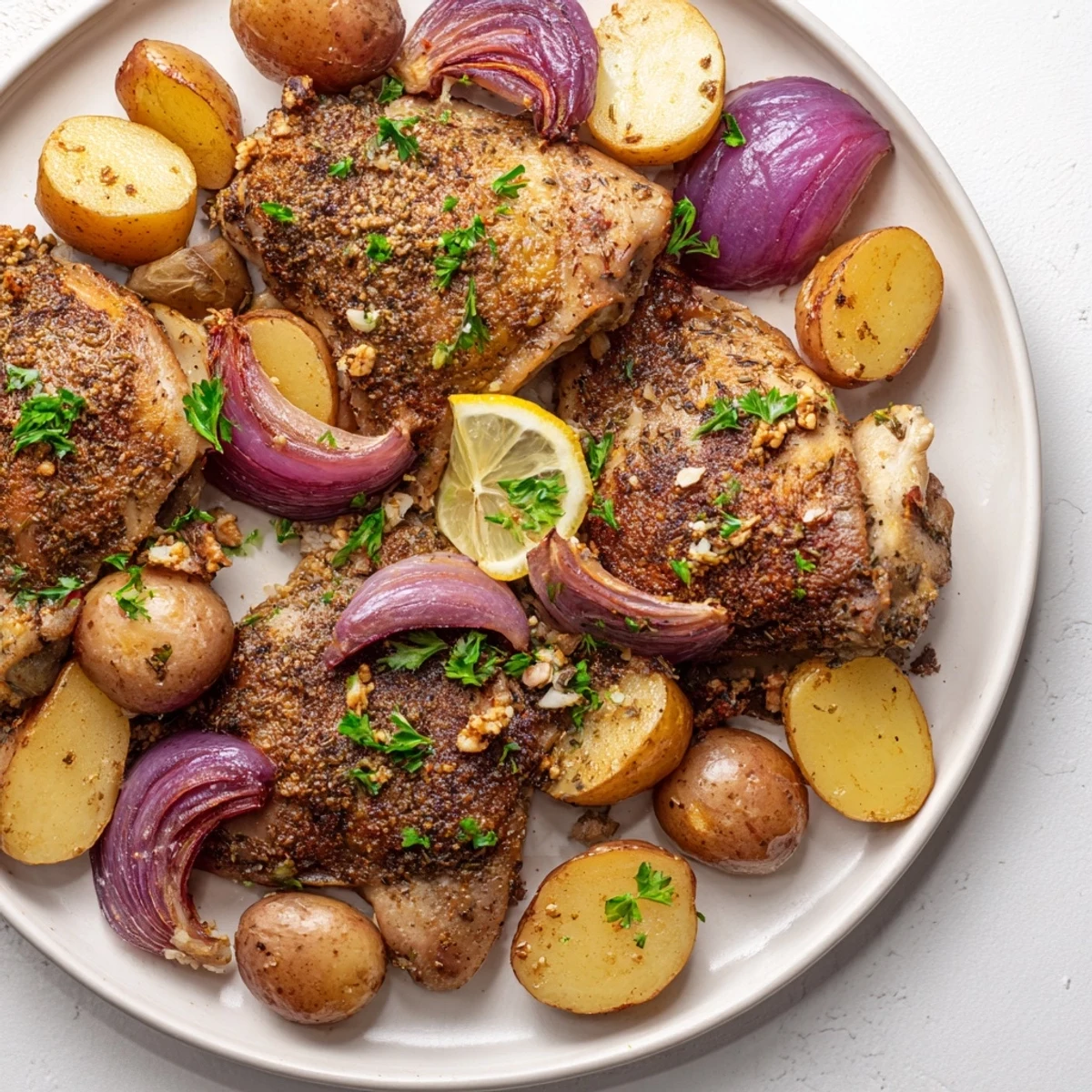 Crispy-skinned Pan-Roasted Zaatar Chicken and Potatoes with golden, tender potatoes and lemon slices.