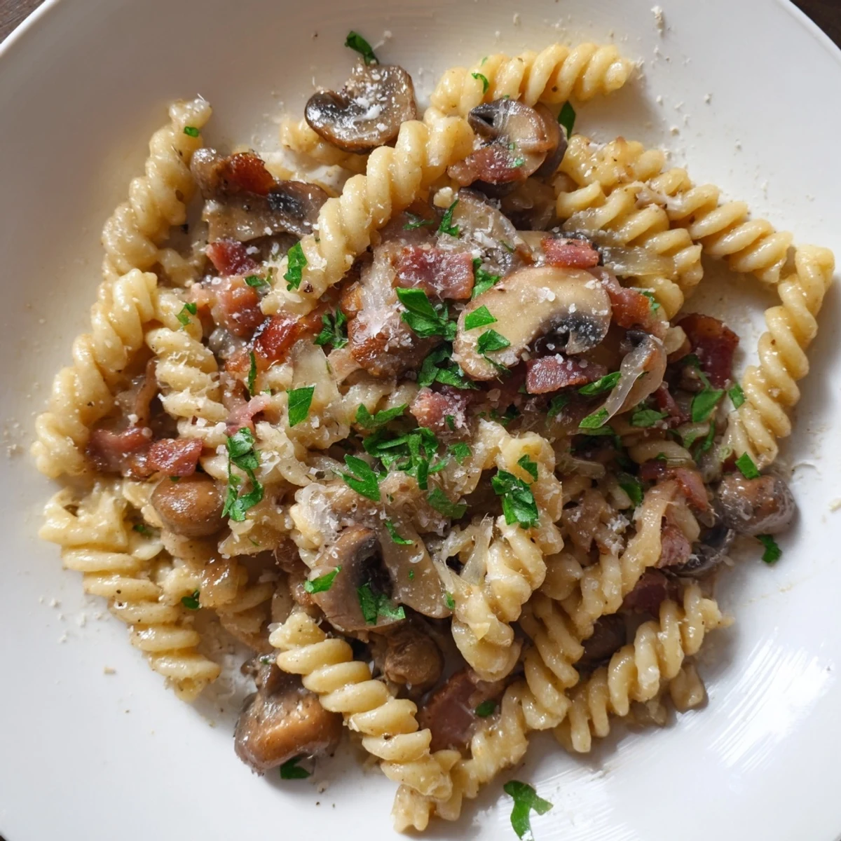 Steaming bowl of fusilli with bacon, onions, and mushrooms, a satisfying Italian-inspired pasta dish.