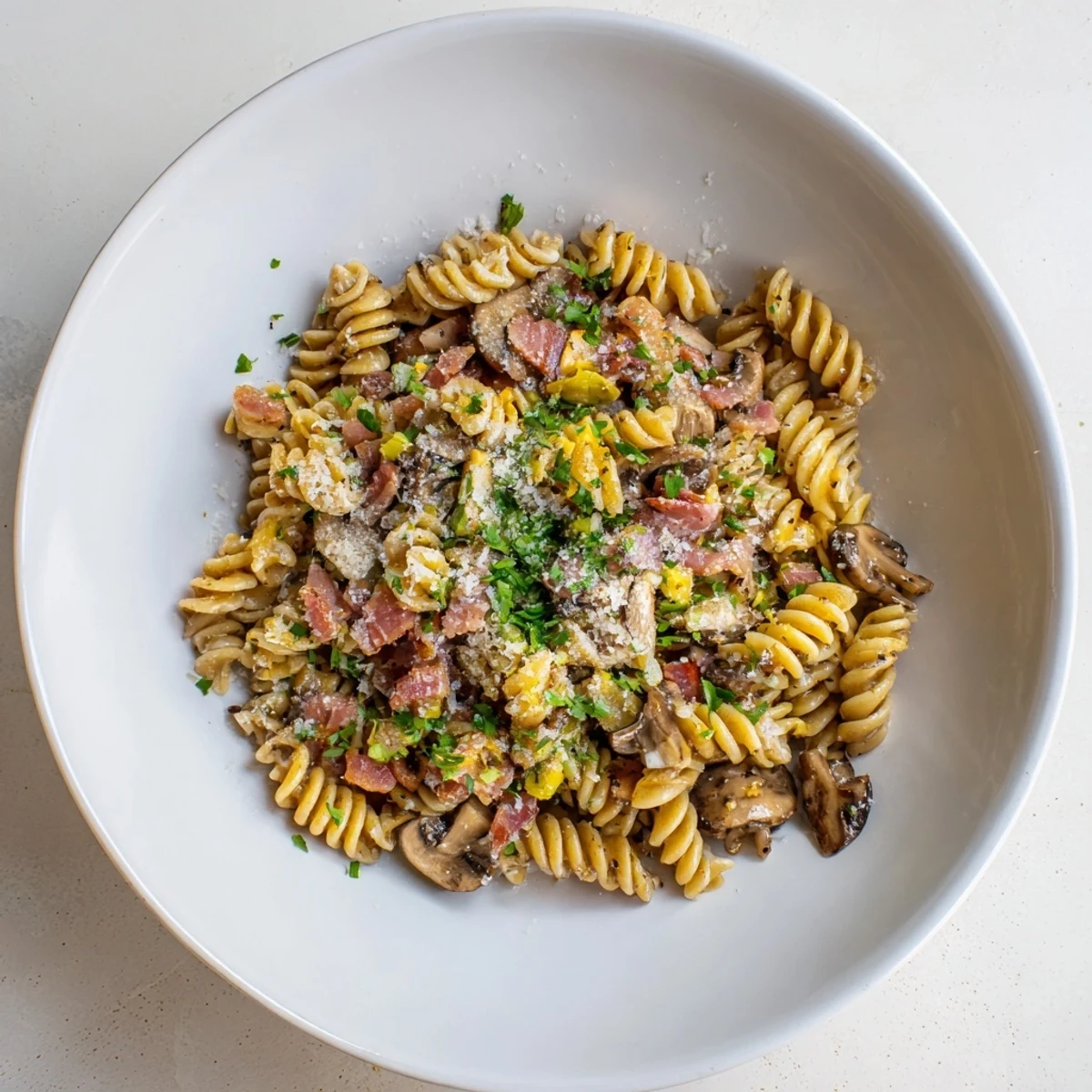 Fusilli with bacon, onions, and mushrooms, plated and ready to eat: a savory weeknight meal.
