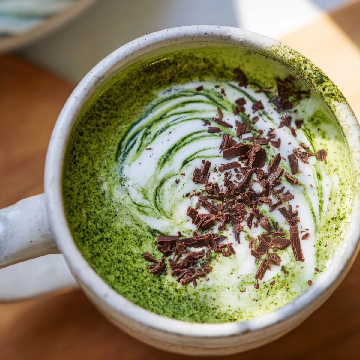 Steaming Collagen Peppermint Mocha Matcha Latte swirled with frothy milk, cocoa, and matcha green tea.