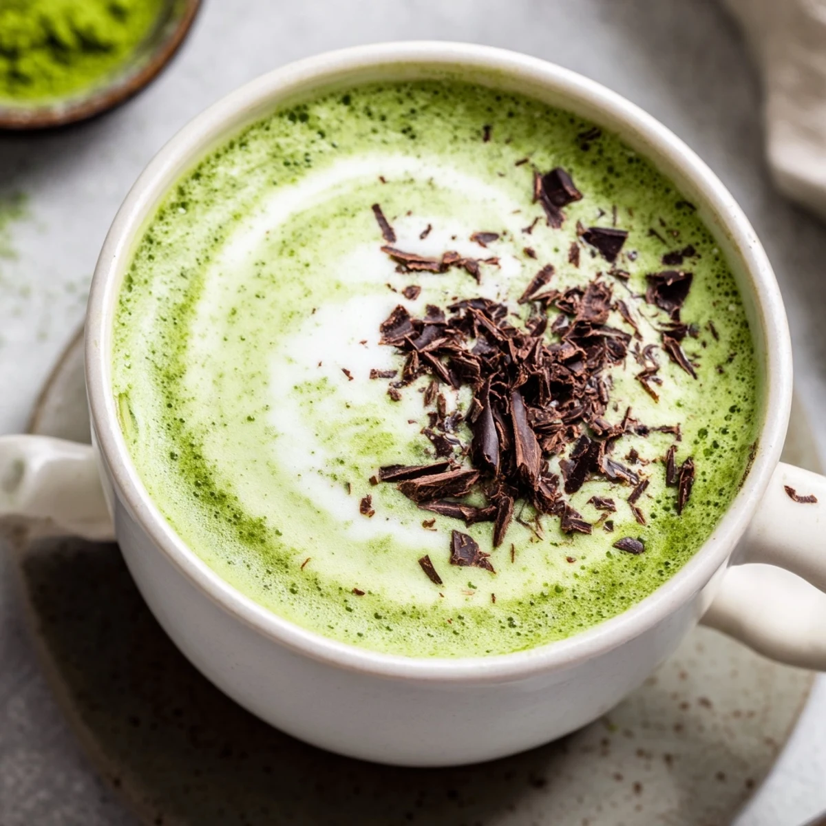 A close-up of a creamy Collagen Peppermint Mocha Matcha Latte, ready to sip and enjoy.