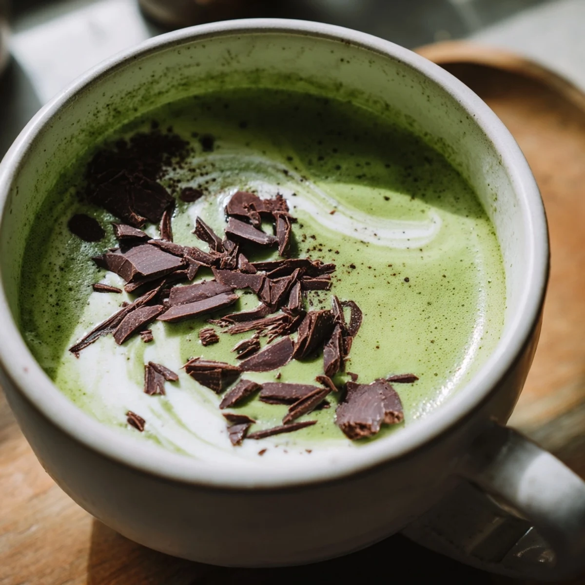 A beautiful mug of Collagen Peppermint Mocha Matcha Latte, topped with whipped cream and cacao nibs.