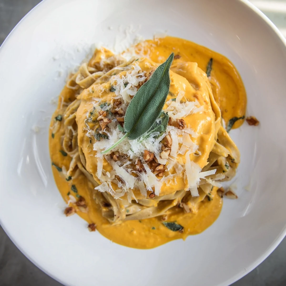 Healthy Creamy Pumpkin Sage Holiday Pasta, plated beautifully, with a swirl of rich, pumpkin sauce and fresh sage.