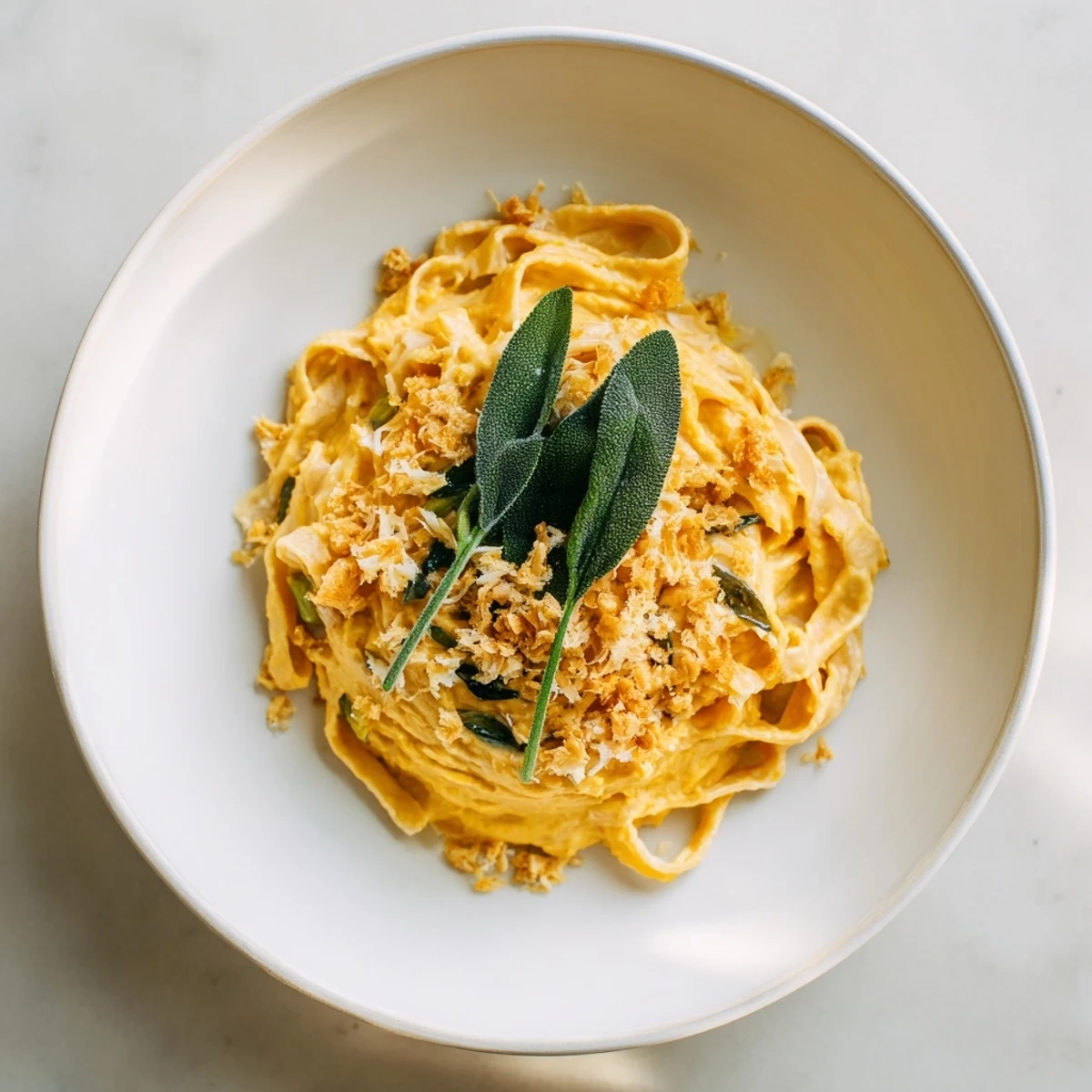 A bowl of this Healthy Creamy Pumpkin Sage Holiday Pasta, garnished with Parmesan, looks absolutely divine and savory.