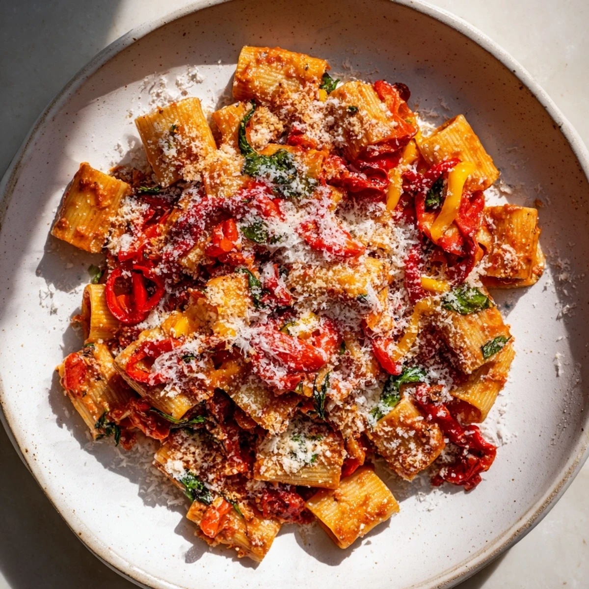 Creamy Lightened-Up Vodka Rosé Pasta, featuring red peppers and spinach, perfect for a cozy, delicious vegetarian dinner.