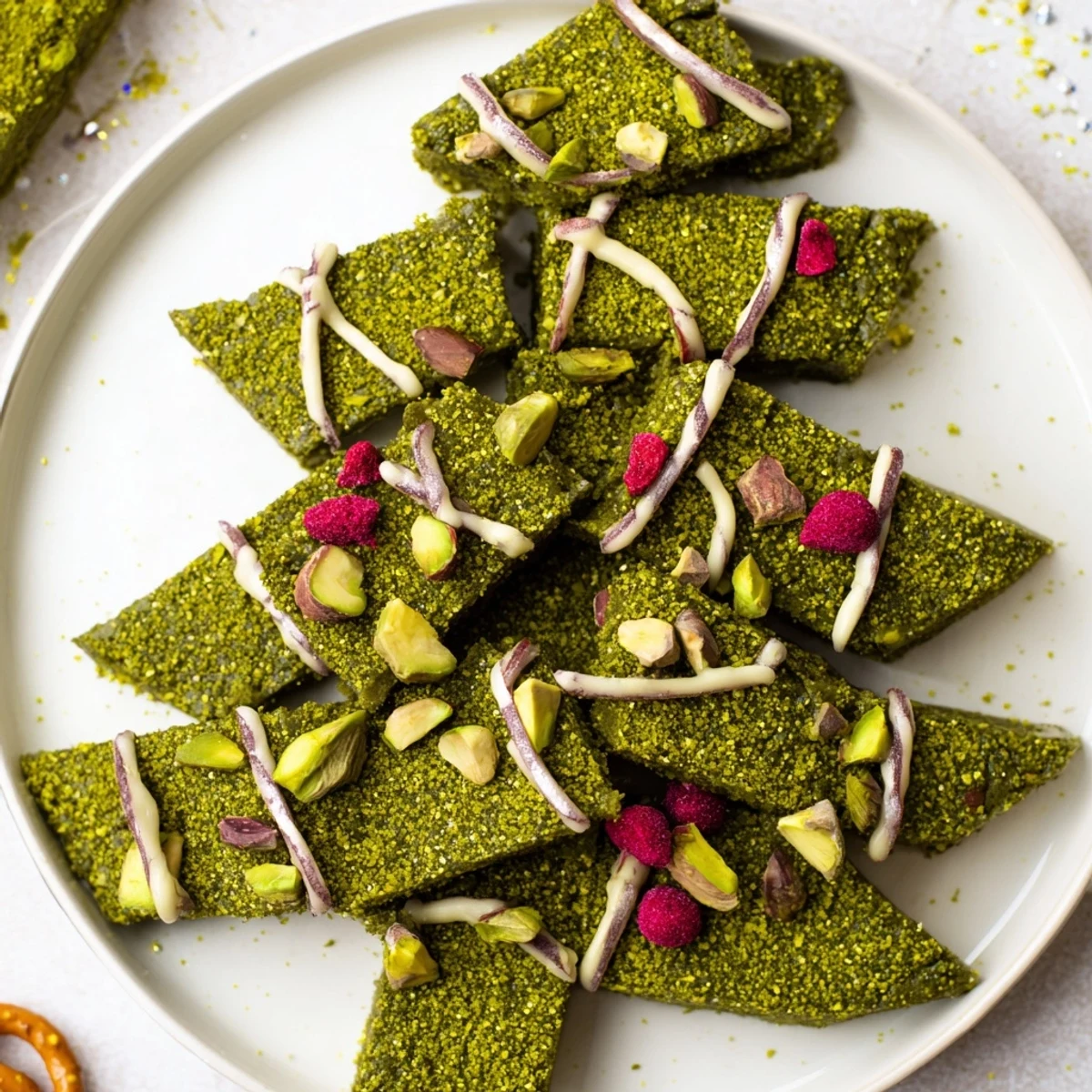 Warm, chewy Matcha Pistachio Christmas Tree Blondie Bars, drizzled with white chocolate and festive sprinkles, ready to enjoy.