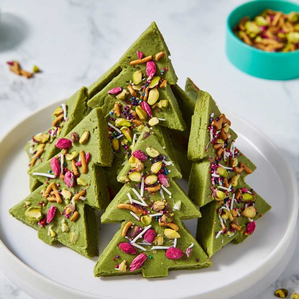 Earthy green Matcha Pistachio Christmas Tree Blondie Bars with a dusting of sprinkles, offering a delightful combination of textures.