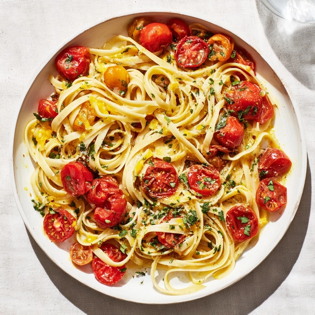 Cozy Fireplace One-Pan Tomato Basil Pasta with blistered tomatoes and fresh basil, ready to serve.