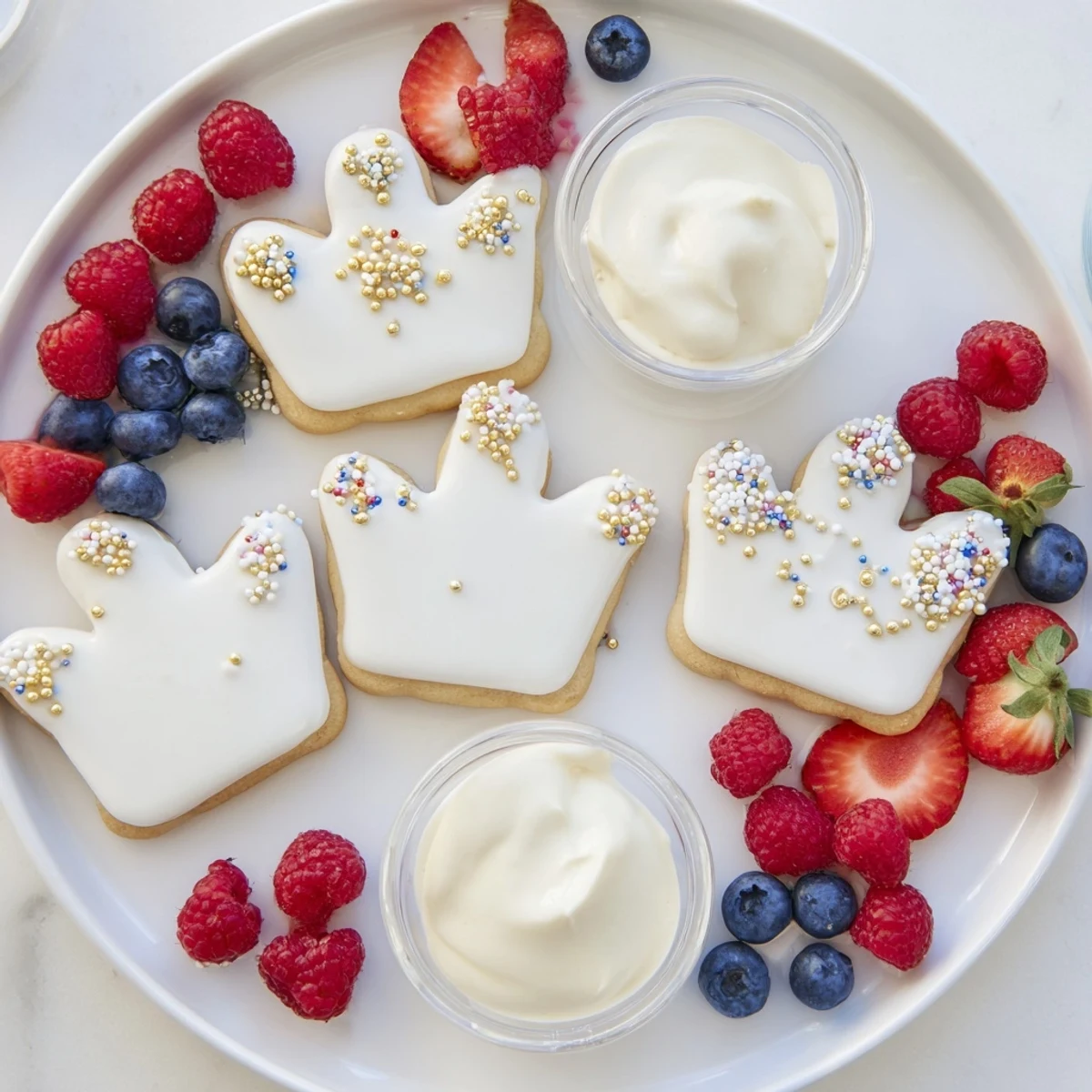 Elegant Princess Crown Dessert Tray displays crown cookies, berry jewels, and creamy white chocolate mousse.