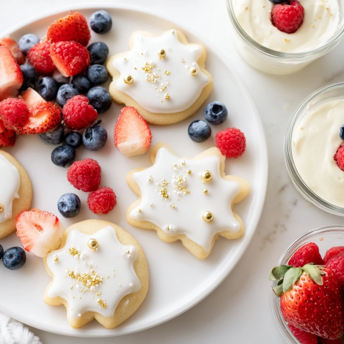 This Princess Crown Dessert Tray offers a delightful display of crown-shaped cookies beside chilled white mousse.
