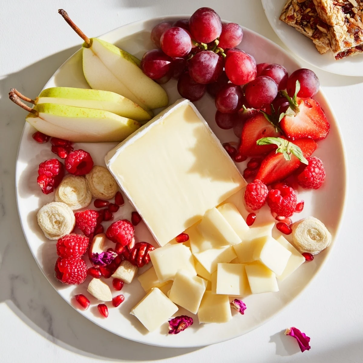 A romantic Rose Garden Platter, bursting with fresh fruit, cheeses, and floral accents, perfect for sharing.