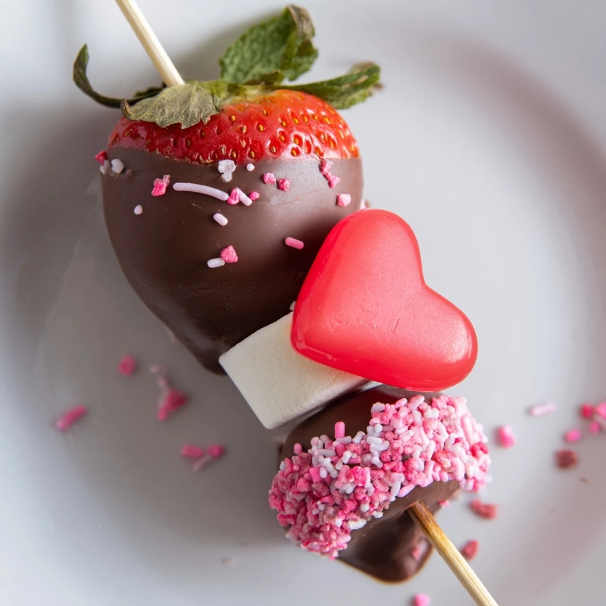 A vibrant Cupid’s Arrow Candy Tray, showcasing dipped strawberries, heart gummies, and truffles arranged artfully.
