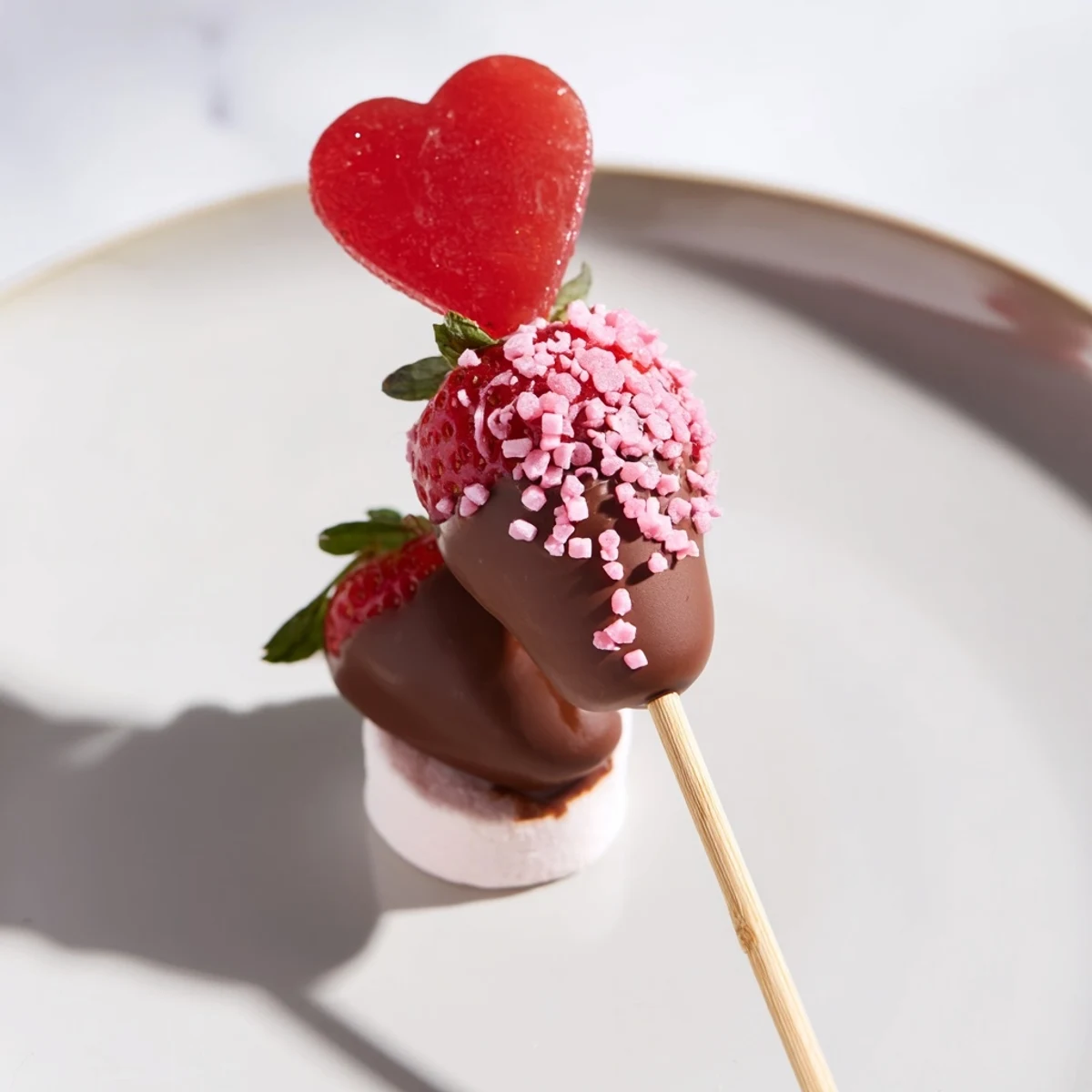 Indulge in a sweet Cupid's Arrow Candy Tray, featuring chocolate-covered strawberries and playful candy arrows.