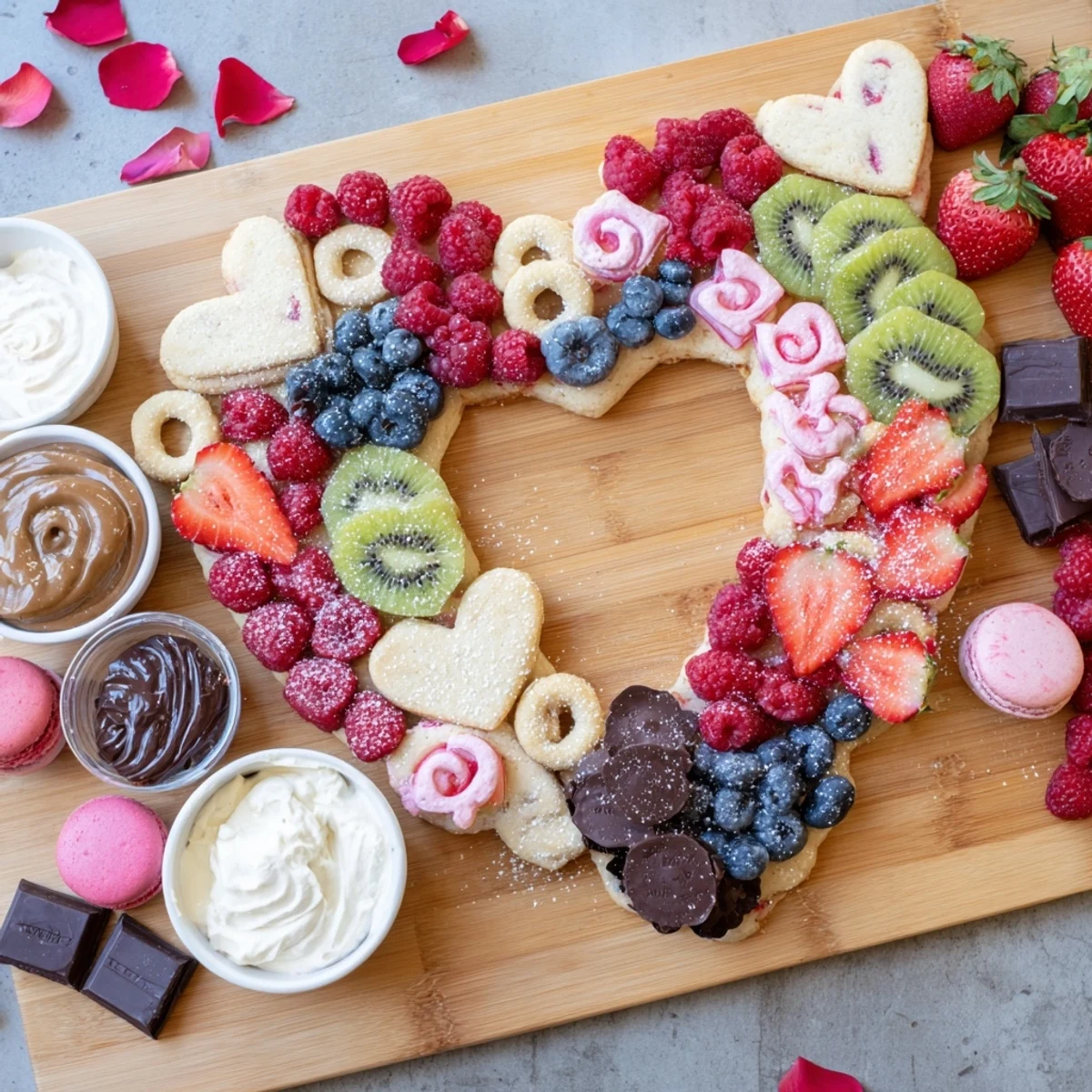 A beautifully arranged Love Letter Dessert Board with fresh berries and heart-shaped cookies ready to enjoy.