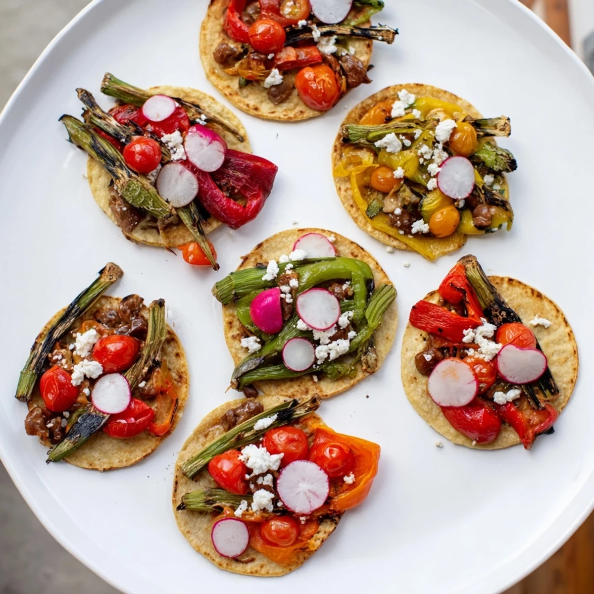 A Southwestern Desert Bloom Cactus Taco Board with colorful roasted vegetables and fresh salsas.