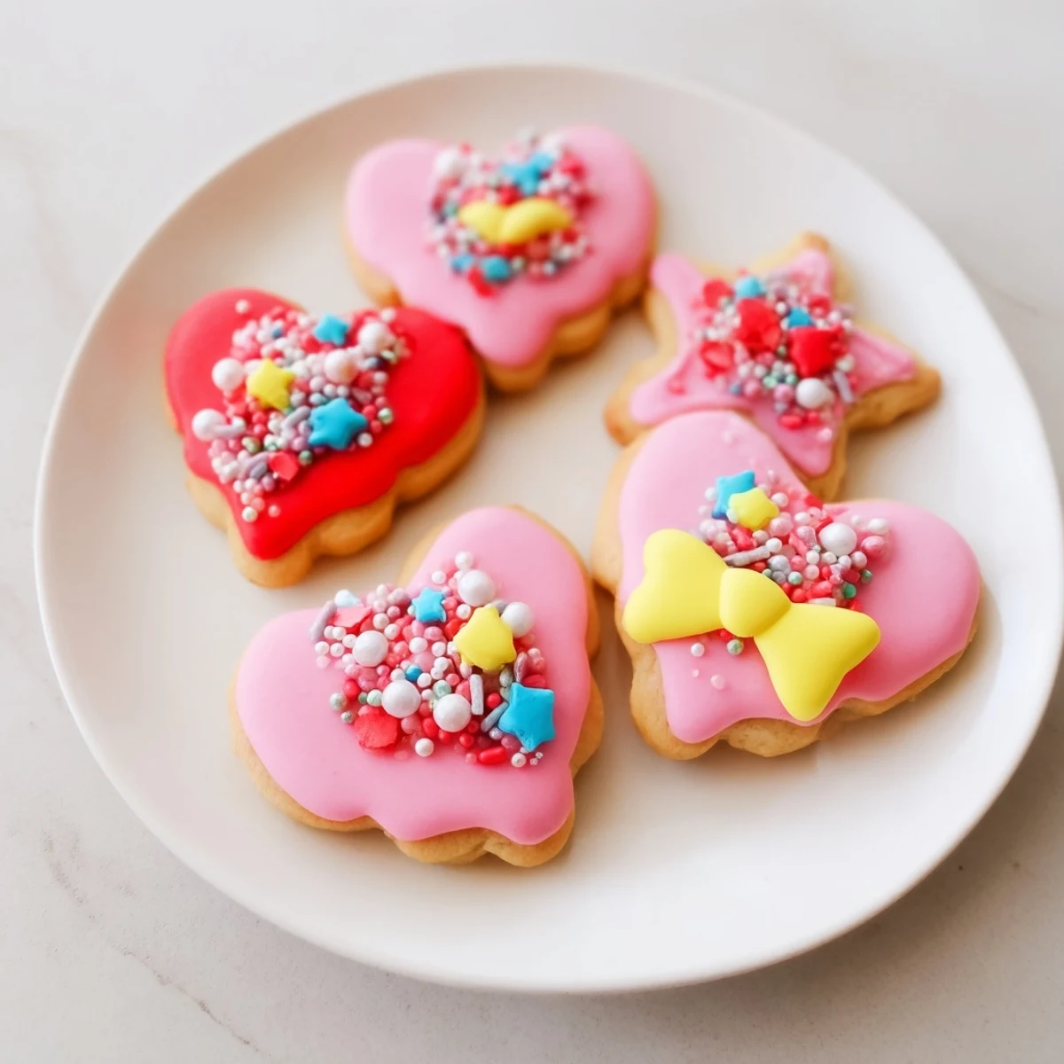Colorful Pretty Bows Heart & Star Cookies, freshly baked, iced with sweet pastel colors and fun sprinkles.