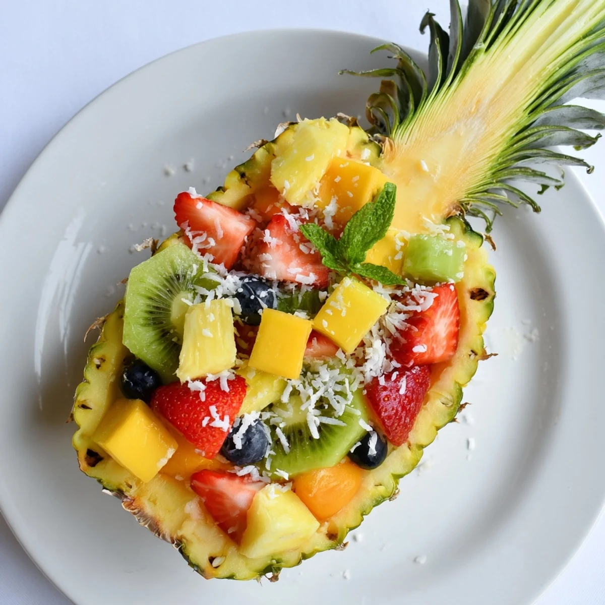 A colorful Tropical Bliss Pineapple Fruit Boat overflowing with fresh, juicy summer fruits, ready to eat.