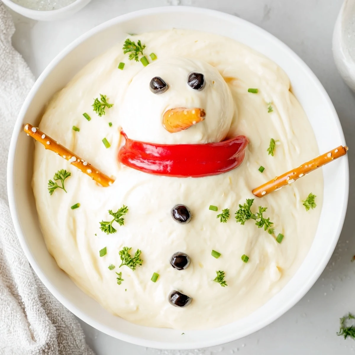Creamy Melted Snowman Dip, complete with a carrot nose and pretzel arms, perfect for holiday snacking.