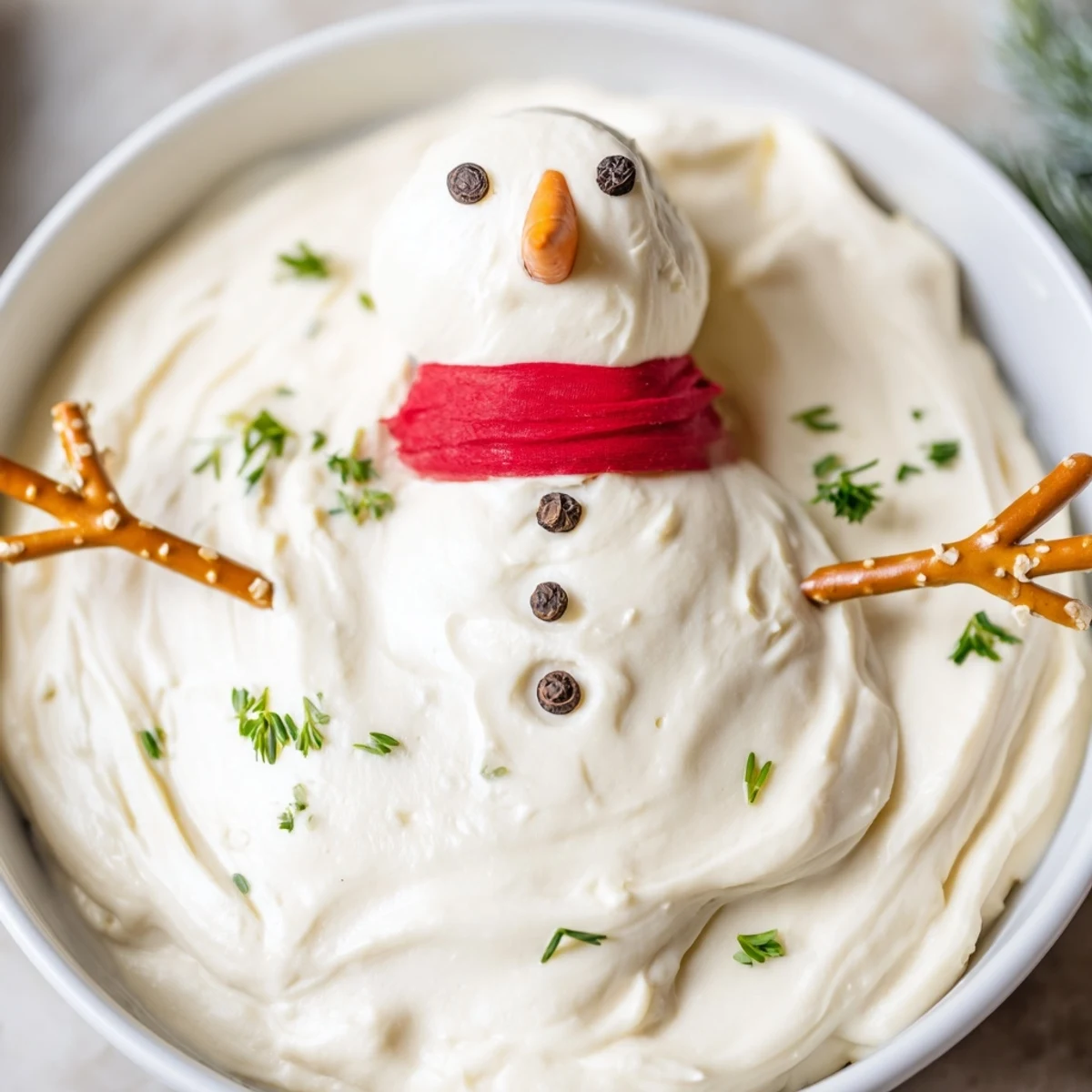 Festive Melted Snowman Dip, a holiday appetizer featuring a creamy dip, carrot noses, and pretzel arms.