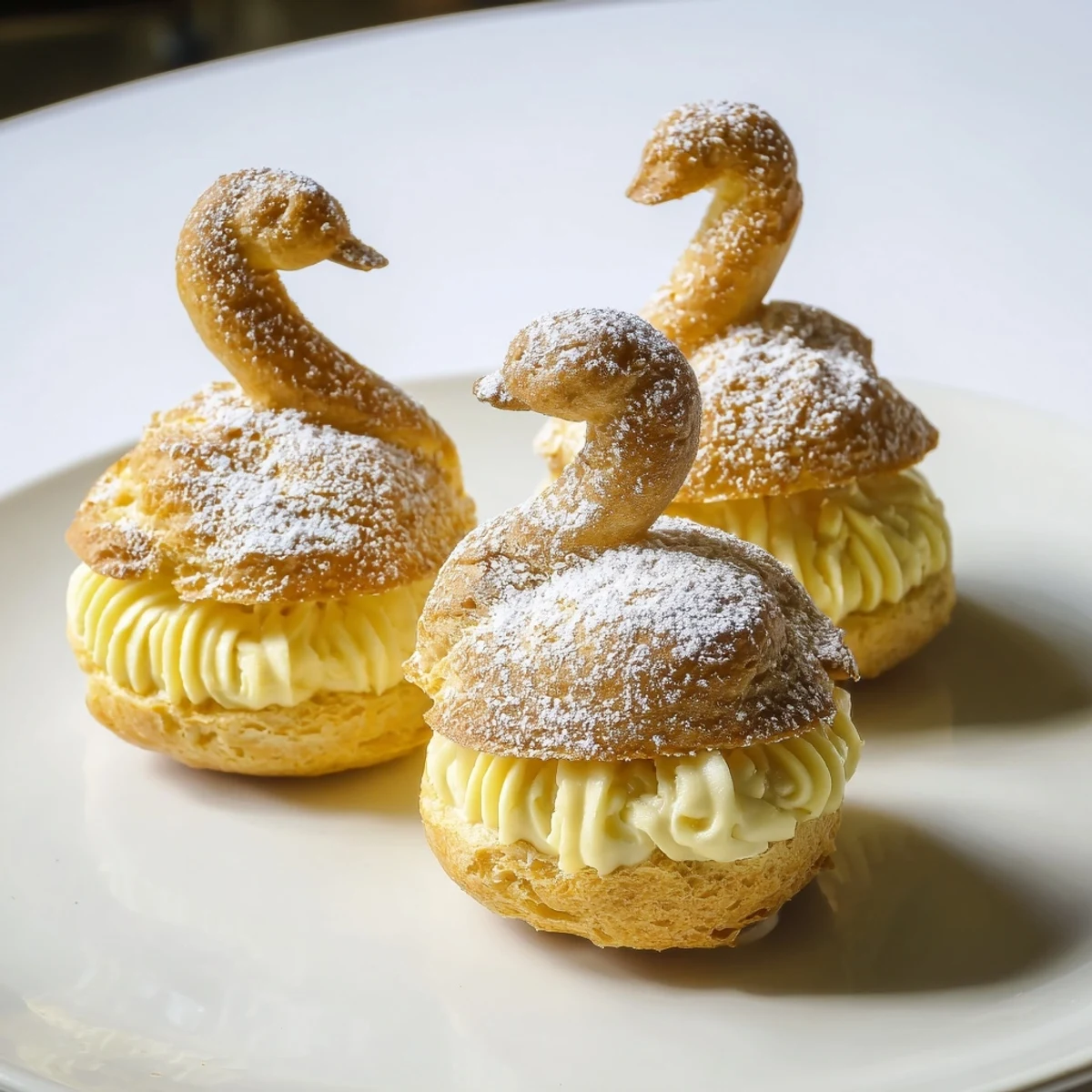 Elegant Feathered Friend Swan Pastry Platter featuring golden pastry swans filled with creamy vanilla.