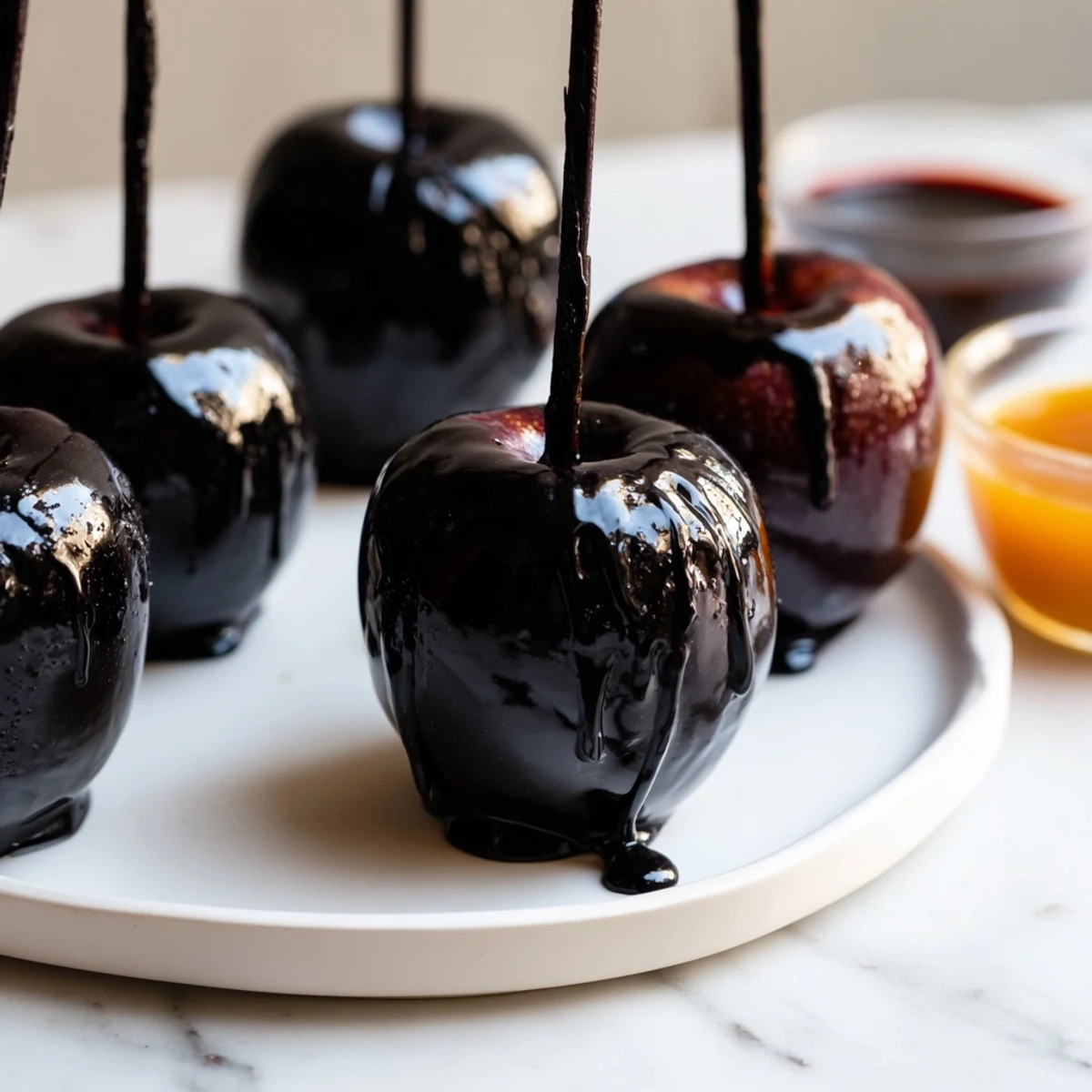 Shiny, jet-black Poison Apples on a Halloween treat board brimming with spooky sweet snacks.