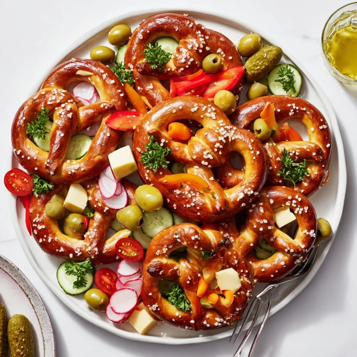 Golden-brown Bretzel Arbre de Vie savory platter, filled with flavorful cheeses and cured meats.