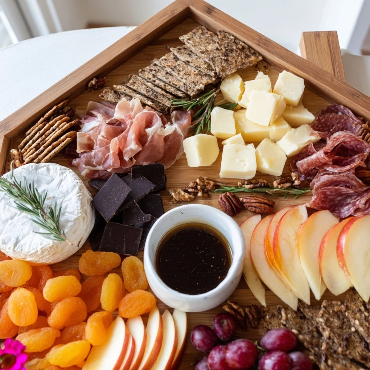 A Sweet Home Charcuterie Board brimming with cheeses, fruits, and meats, ready to share with friends.