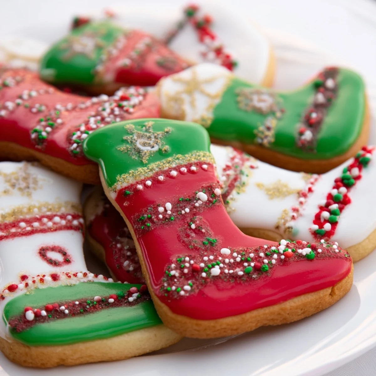 Golden Christmas boot-shaped delights: buttery vanilla cookies iced with festive red and green.
