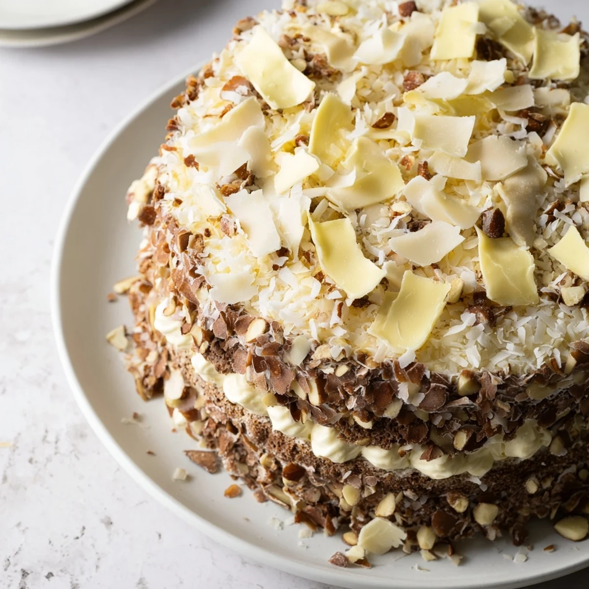 A beautiful Table dHiver Sapin dessert with snowy white chocolate mousse and coconut "snow."