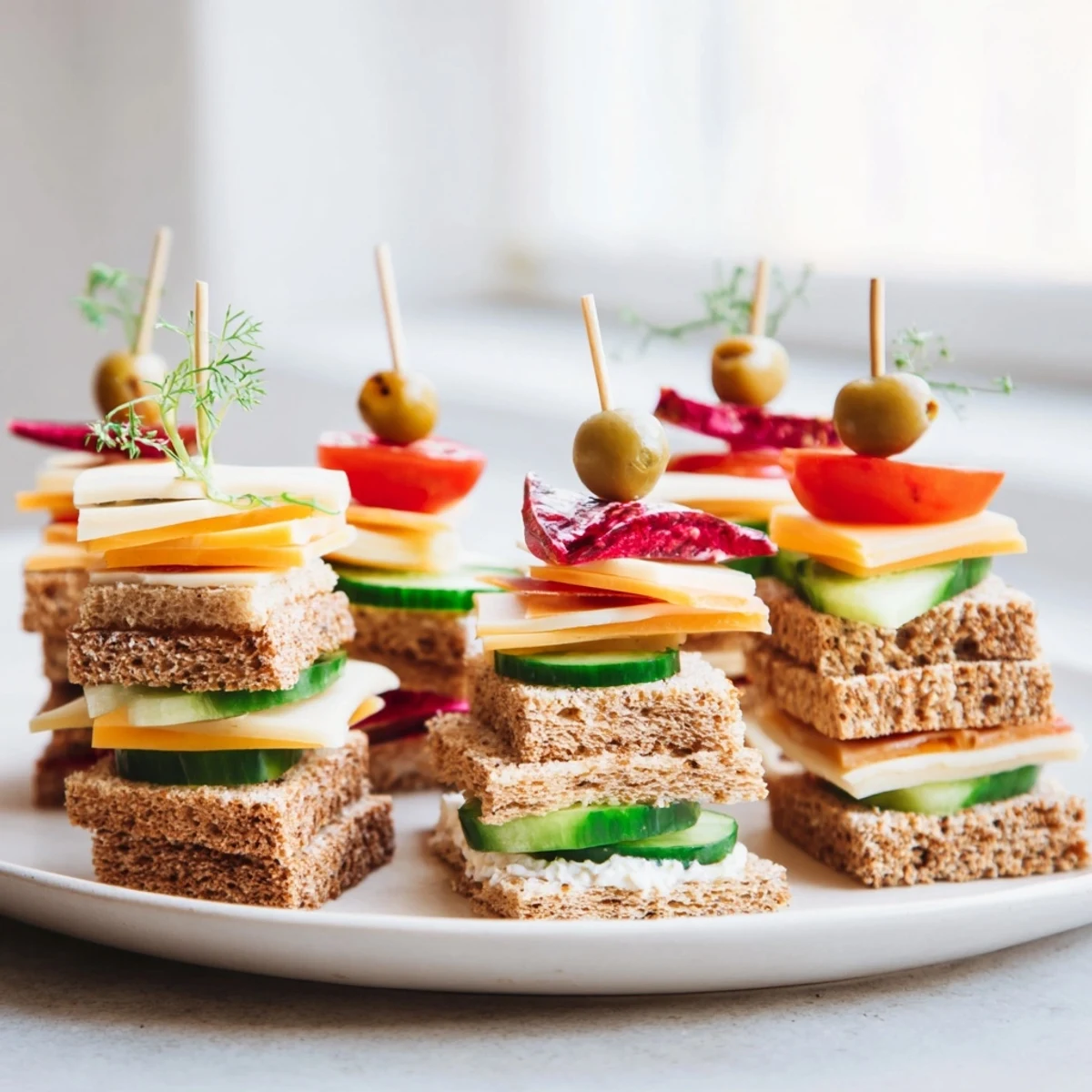Freshly assembled Urban Skyscraper Appetizers, offering a delicious array of flavorful, layered bites.
