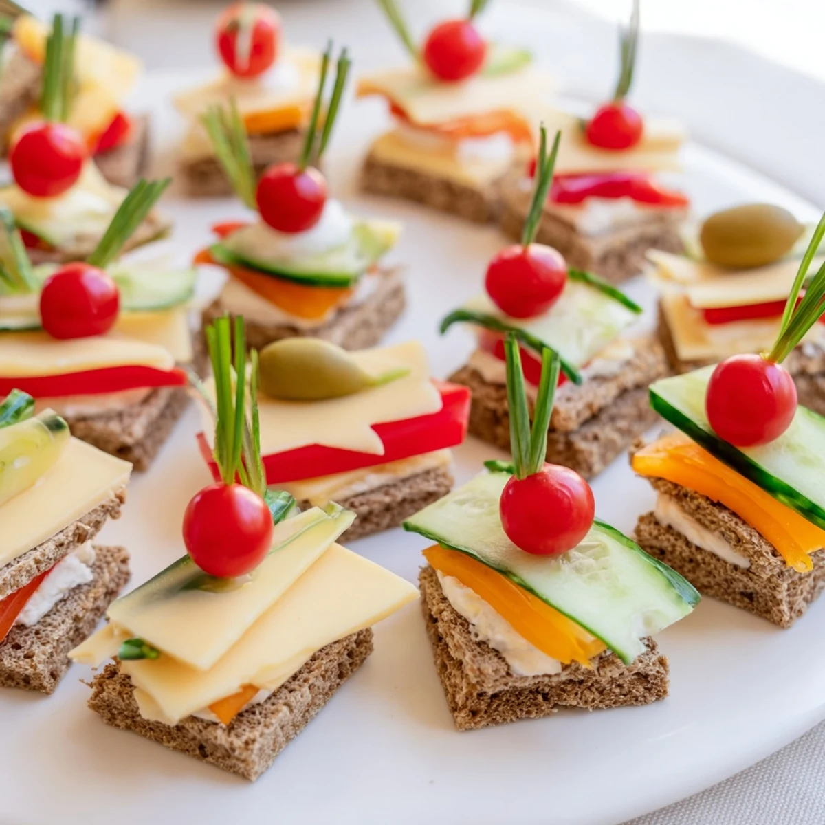 A close up of the impressive Urban Skyscraper Appetizers, ready with olives and chives.